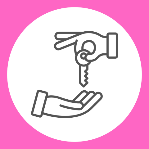graphic of hands exchanging keys in a pink square