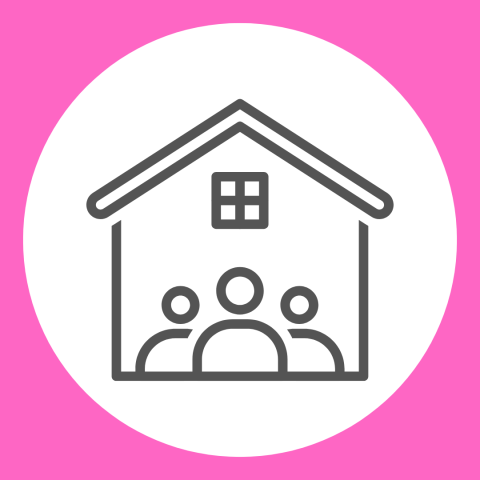 graphic of 3 people in a building with a window in a pink square