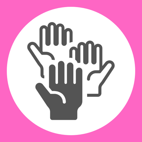 graphic of three hands, two light and one dark in foreground in a pink square