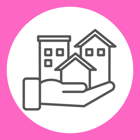 Line drawing of community buildings cradled in palm of a hand within a pink square